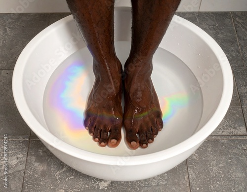 Feet Immersed: A close-up shot captures feet submerged in a basin of water, creating a tranquil and reflective scene that celebrates moments of self-care and renewal.