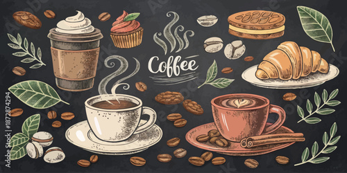 Coffee Vintage Poster Chalkboard Illustration with Beans Grinders and Espresso Cups Flat Vector Hand Drawn Design for Cafe Decor and Menus
