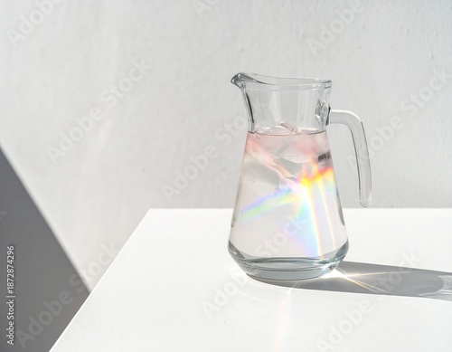 Glass Pitcher and Rainbow Light: A transparent glass pitcher filled with water, refracting light to create a mesmerizing rainbow spectrum. It sits elegantly on a bright surface.