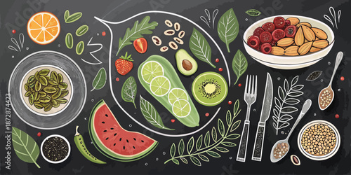 Hand Drawn Chalkboard Illustration Collection of Healthy Organic Herbs and Spices for Kitchen Decor