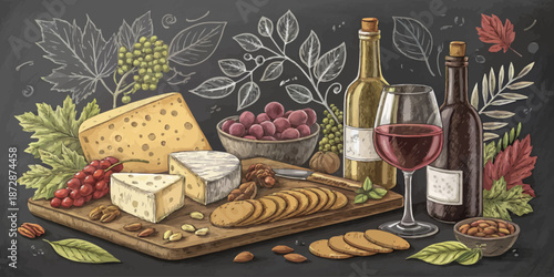Hand Drawn Chalkboard Illustration Set of Gourmet Cheese and Appetizers for Wine Tasting Menu Design