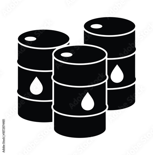 Black vector illustration of three oil barrels with white droplets