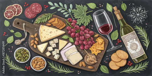 Hand Drawn Chalkboard Illustration Set of Gourmet Cheese and Appetizers for Wine Tasting Menu Design