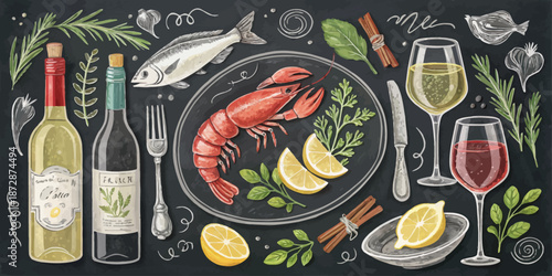 Hand Drawn Chalkboard Illustration Set of Fresh Seafood for Fish Market and Seafood Restaurant Menus