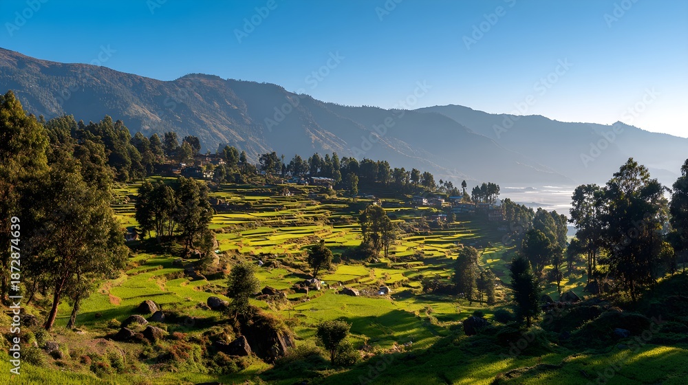 Obraz premium Lush Green Terraced Paddy Fields Cascading Down a Mountainous Rural Landscape Under Morning Sunlight