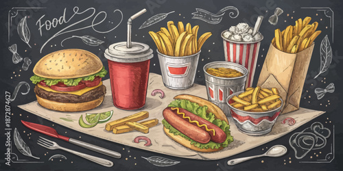 Hand Drawn Chalkboard Illustration Set of Street Food Icons for Fast Food Truck and Urban Cafe Menu