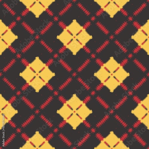 Plaid inspired ikat pattern design. Illustration gingham check geometric square diamond seamless pattern. Classic tartan geometric pattern use for fabric, textile, home decoration elements, wrapping.