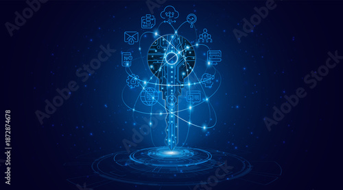 Circuit board key technology. The concept of encryption for cybersecurity and data privacy. Innovative secure technology.