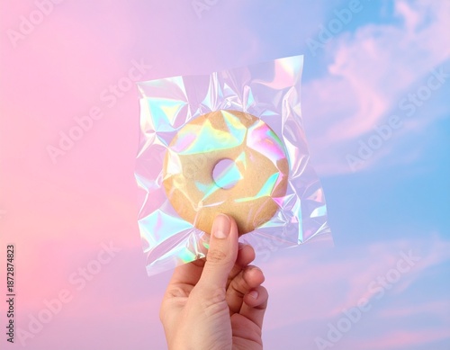 Donut Delight: A hand delicately presents a vibrant donut, encased in shimmering cellophane, set against a dreamy, pastel-hued sky. 