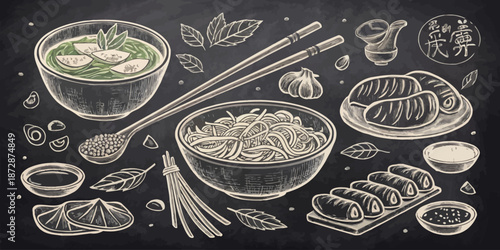 Hand Sketched Chalkboard Illustration Set of Asian Cuisine Elements for Sushi Bar and Oriental Menu