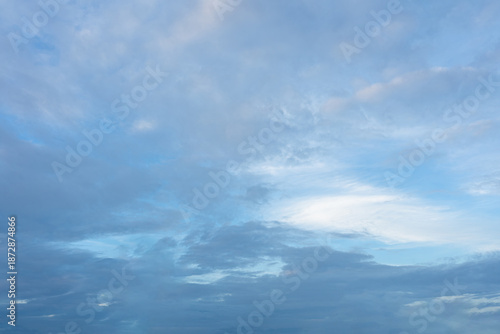 Overcast sky with layered blue and gray clouds scattered across the atmosphere