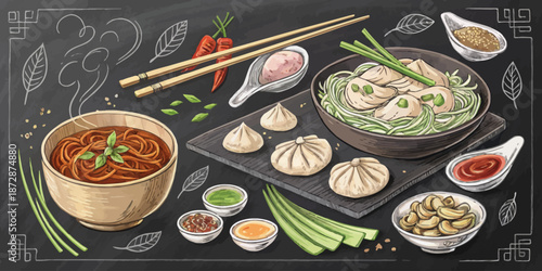 Hand Sketched Chalkboard Illustration Set of Asian Cuisine Elements for Sushi Bar and Oriental Menu