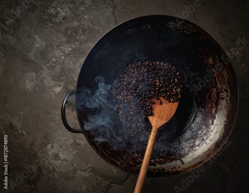 Aromatic coffee beans roasting in wok: Capturing the rich essence of freshly roasted coffee, the image showcases the art of roasting.