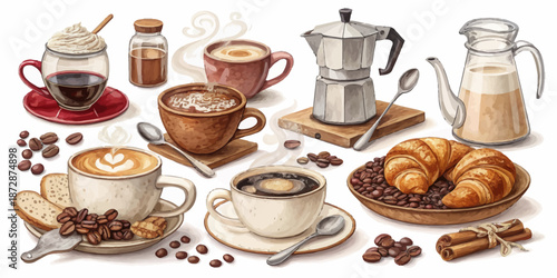 Chalkboard Illustrations Feature Coffee and Breakfast Elements for Morning Cafe and Brunch Restaurant