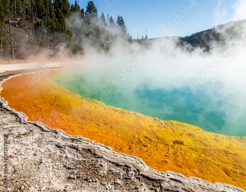 Vibrant Colors of the Hot Spring: A captivating view of a natural hot spring, where brilliant hues of yellow, orange, green, and blue converge, creating a breathtaking visual spectacle.