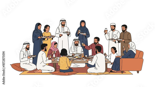 People gathering around a meal in a traditional setting with diverse individuals