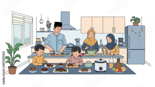 A family gathering together in the kitchen to prepare a meal, surrounded by food and cooking utensils.