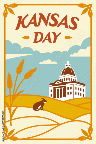 Kansas Day celebration poster with state capitol building illustration
