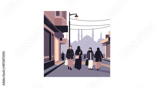 Illustration of people walking down a city street with buildings and streetlights