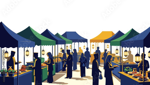Vibrant marketplace scene with people shopping under colorful tents on a sunny day from a high viewpoint