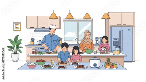 A family preparing a meal together in a modern kitchen