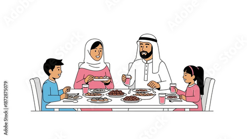 Family enjoying a meal together at a dining table with various food items
