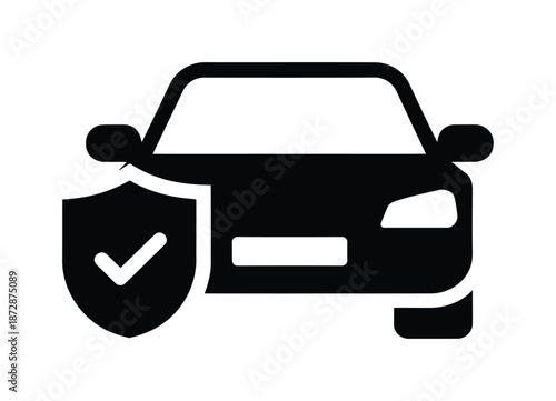 Black vector car icon with shield symbolizing security and protection