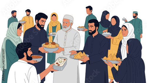 A diverse community gathering for a meal together in a festive atmosphere