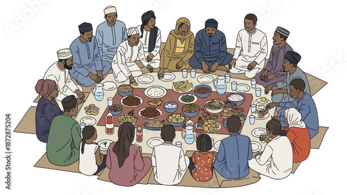 People gathered around a table filled with various dishes during a cultural feast viewed from above.