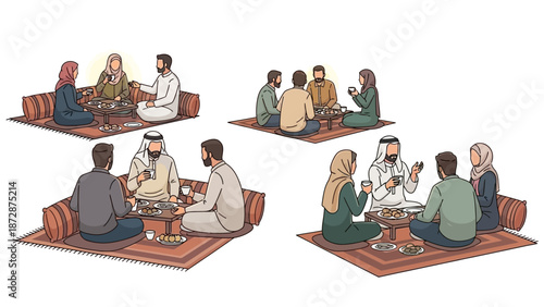 People gathered around low tables in a traditional setting, engaging in conversation and sharing food in an illustration.