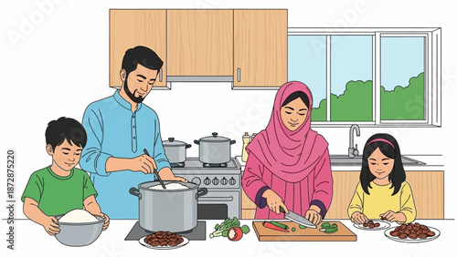 Family cooking together in a modern kitchen with various dishes being prepared