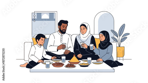 Family sharing a meal together on a traditional mat with various dishes