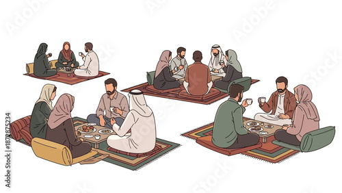 People gathered on mats in a cultural setting, engaging in conversation and sharing food together.