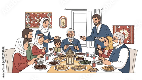 Family gathered around a festive dinner table indoors celebrating a special occasion with traditional food and decorations