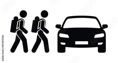Vector illustration of two people walking towards a parked car with backpacks