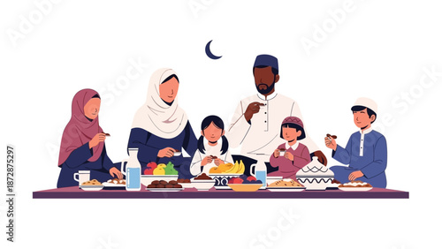 Family Gathering During Ramadan Dinner Under Moonlight