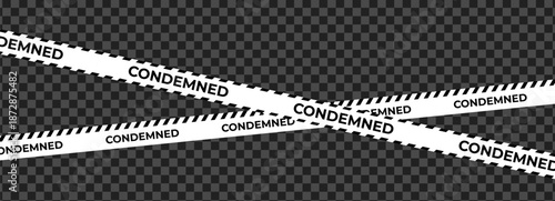Condemned warning tape cross on dark transparent grid, white striped barrier for crime scene, demolition, restricted zone overlays. Condemned tapes background for security alerts. Vector illustration.