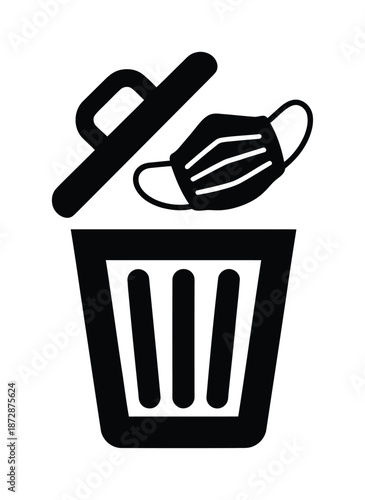 This vector illustration shows a discarded mask in a trash can