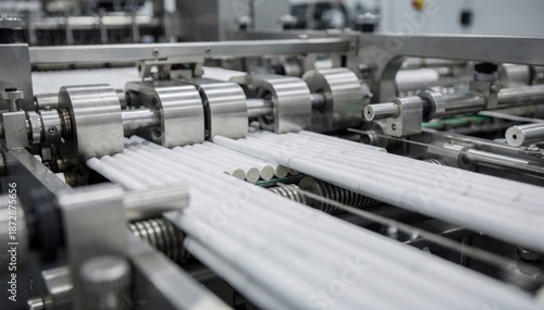 Medium shot of automated machinery producing standard kingsize cigarette rods cutting seamlessly with precise alignment on a fastmoving production line.