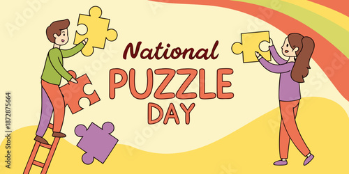 National Puzzle Day illustration, People assembling jigsaw puzzle together