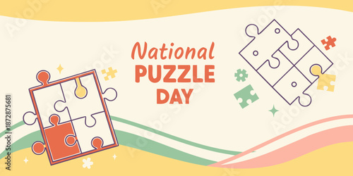 Happy National Puzzle Day banner with puzzle elements