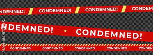 Condemned warning tapes on dark transparent grid, red safety barrier stripes for demolition, quarantine, restricted property alerts. Condemned tape overlays for banner, graphics. Vector illustration