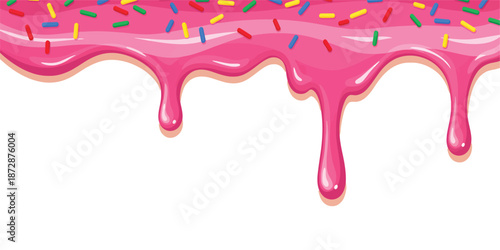 Pink frosting drips with colorful sprinkles on transparent background. Abstract Dessert Background. Vector Illustration