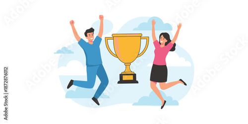 Golden trophy displayed between two people celebrating victory. Success, achievement, teamwork, competition, recognition, awards, and accomplishments concept