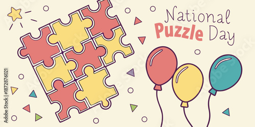National Puzzle Day illustration with colorful puzzle pieces and balloons