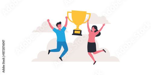 Golden trophy displayed between two people celebrating victory. Success, achievement, teamwork, competition, recognition, awards, and accomplishments concept