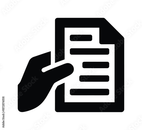 Black vector icon of hand holding document with text