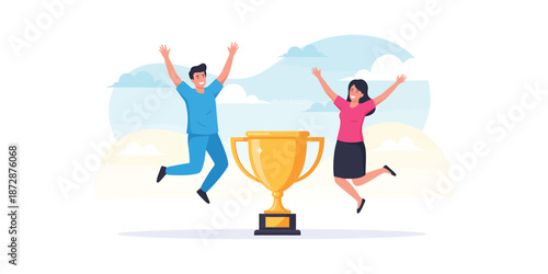 Golden trophy displayed between two people celebrating victory. Success, achievement, teamwork, competition, recognition, awards, and accomplishments concept
