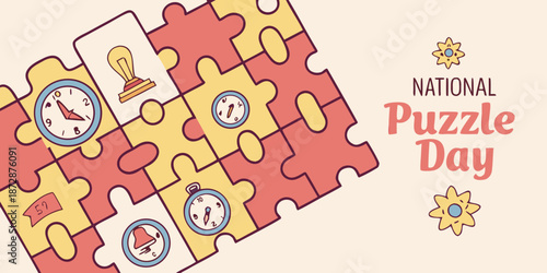 National Puzzle Day banner with interconnected pieces and illustrations