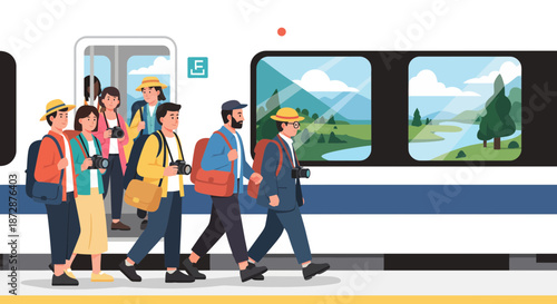 Diverse group of travelers walking along a train platform.